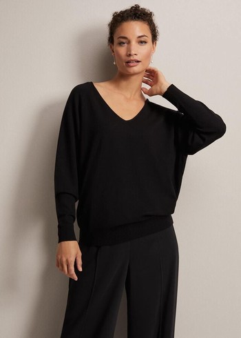 Phase Eight Senita Fine V-Neck Knitwear Black Canada | JMNFAH-890